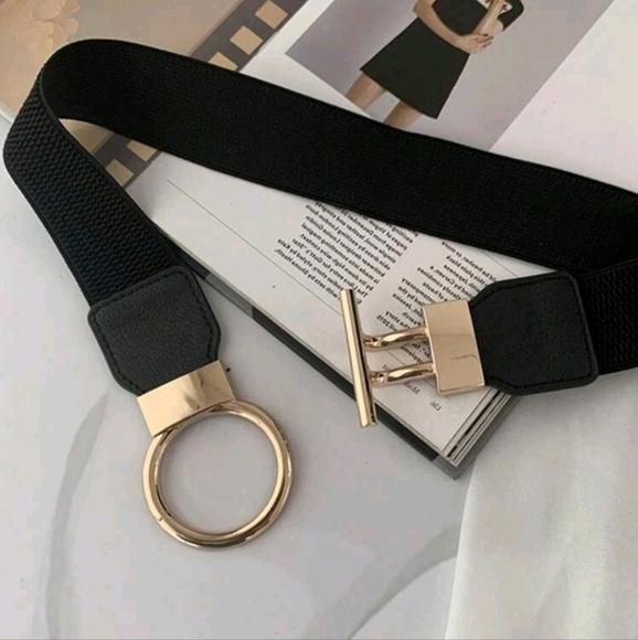 Plus size gold tone black stretch elastic toggle buckle minimalist dress - Picture 6 of 10